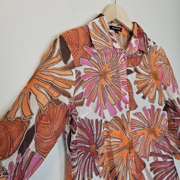 Notations Retro Sheer Lightweight Orange Pink Button-down Summer Top Small - Picture 2 of 9